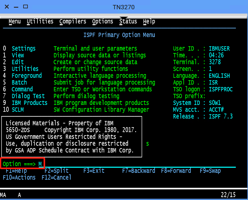 Screen capture that shows how to enter the M command in the panel